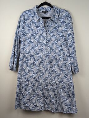 Rachel Zoe Blue Leaf Print Cotton Shirt Dress Size XL